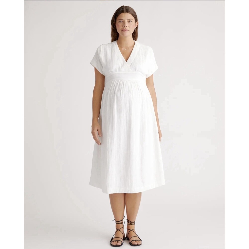 Quince Organic Cotton Gauze Maternity Midi Dress Women’s Small White V-Neck